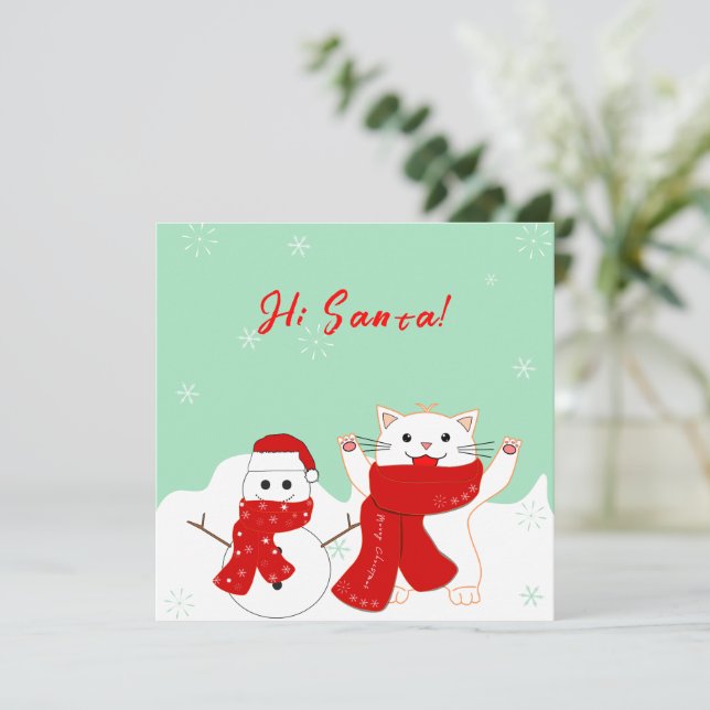 Happy Chat Avec Snowman | Carte à plat de Noël (Debout devant)