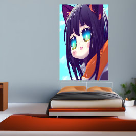 Happy Cheerful Anime Cat Girl | AI Art Poster