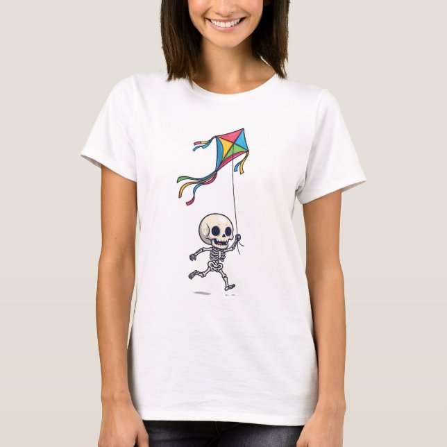 Happy Chibi Skeleton Running with Colorful Kite T-Shirt (Vorderseite)