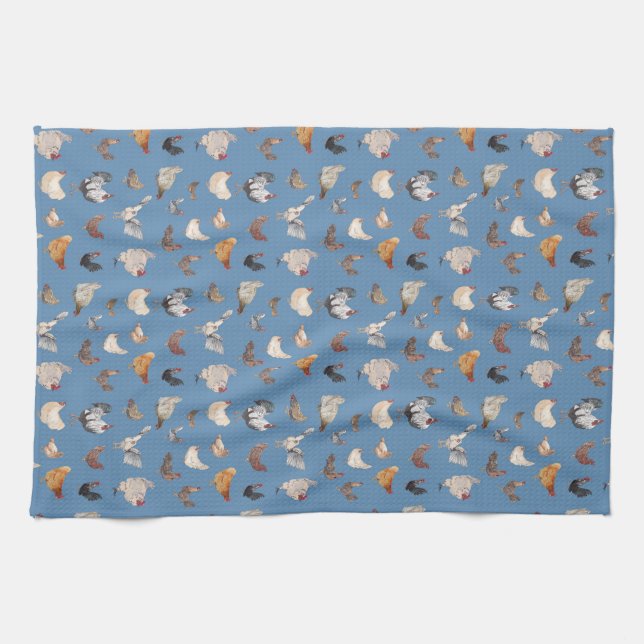 Happy Chicken Print auf Denim Blue Geschirrtuch (Horizontal)
