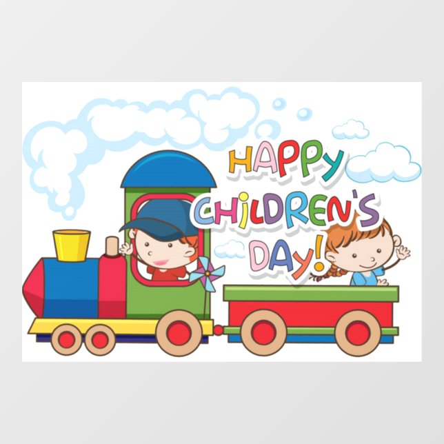Happy Childrens Day Train und Coach Red Blue Yello Fensteraufkleber (Blatt)