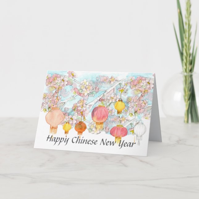 Happy Chinese New Year Lanterns Sakura Tree Karte (Vorderseite)