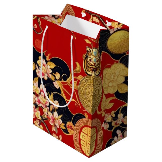 Happy Chinese New Year Moderne Asian Muster Mittlere Geschenktüte (Rückseite Schrägansicht)