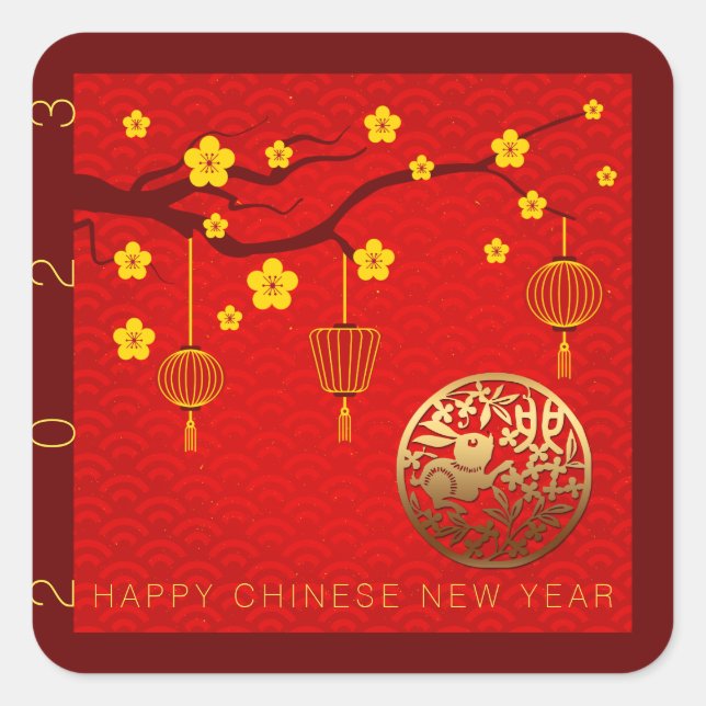 Happy Chinese Rabbit New Year 2023 Blossoms SqS Quadratischer Aufkleber (Vorderseite)