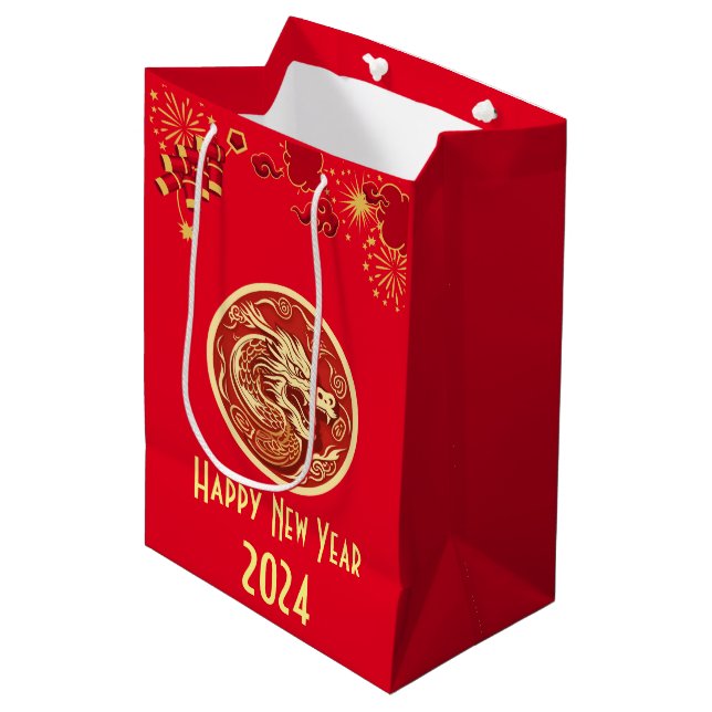 Happy Chinesisch Neujahr 2024 Drache Mittlere Geschenktüte (Vorderseite Schrägansicht)