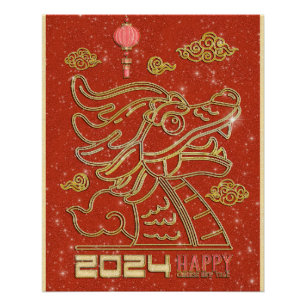 Happy Chinesisch Red Gold Neujahr des Drachen 2024 Poster