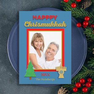 Happy Chrismukkah Tree und Menorah Foto Flat Karte