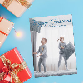 Happy Christmas Chic Blue Cursive Script Foto Feiertagskarte