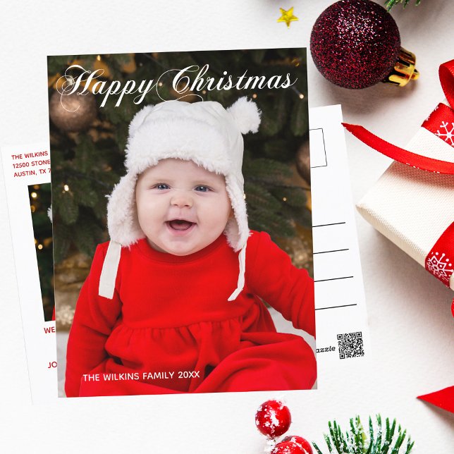 Happy Christmas Elegantes White Script Holiday Fot Postkarte (Von Creator hochgeladen)
