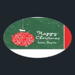 Happy Christmas funkle bauble Geschenksticker grün Ovaler Aufkleber<br><div class="desc">Glitzer Baum Dekoration Sticker, um Ihre Geschenke hinzuzufügen. Design von Sarah Trett.</div>