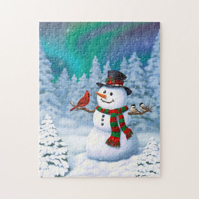 Happy Christmas Snowman & Birds Winter Scene (Vertikal)