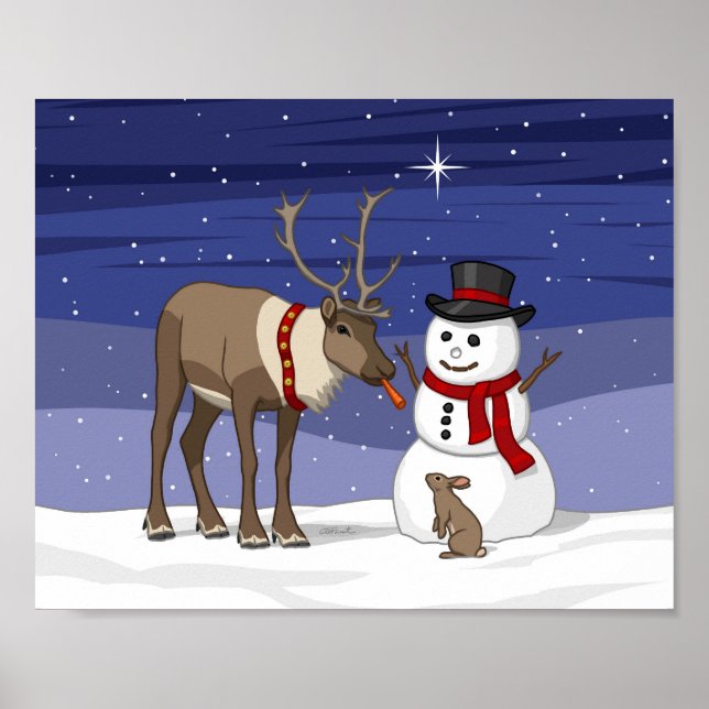 Happy Christmas Snowman & Cute Reindeer Poster (Devant)