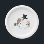 Happy Christmas Snowman Illustration Pappteller<br><div class="desc">Illustration eines Weihnachtsschneemans im Stil eines Cartoon in einer Schneeszene mit schneebedeckten Häusern und einem Baum im Hintergrund.</div>