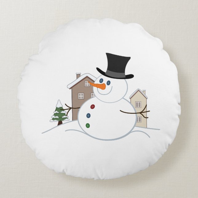 Happy Christmas Snowman Illustration Rundes Kissen (Vorderseite)