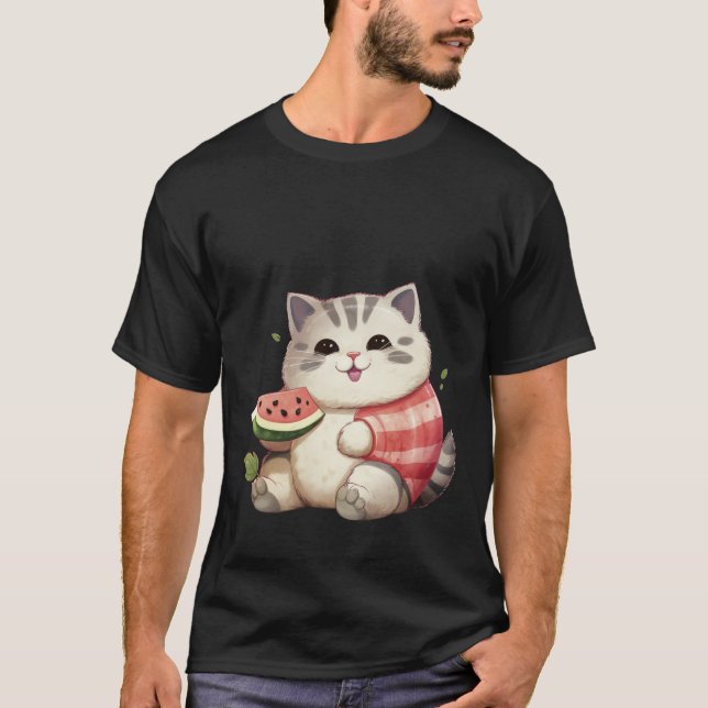 Happy Chubby Cat with Watermelon Summer Art ✨🐾🍉 T-Shirt (Vorderseite)