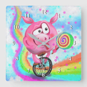 Happy Circus Acrobat Piggy Cyclist Licks Lollipop  Quadratische Wanduhr