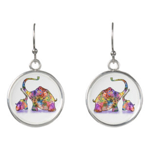Happy Colorful Mother and Baby Elephant - Zeichnen Ohrringe