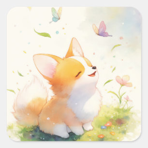 Happy Corgi mit Butterfly Dance Quadratischer Aufkleber