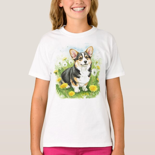 Happy Corgi Puppy Pet Flowers T-shirt (Devant)