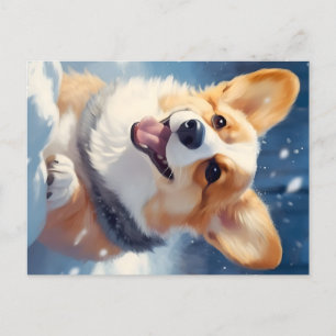 Happy Corgi spielt im Schnee Feiertagspostkarte
