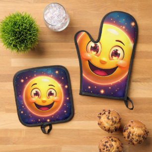 Happy Cosmic Eyes Emoji Ofenhandschuh & Topflappen-Set