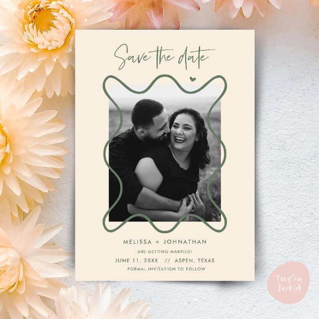 Happy Couple Save the Date Hochzeitsankündigung (Happy Couple Save the date wedding announcement whimsical in Cream Sage Green)