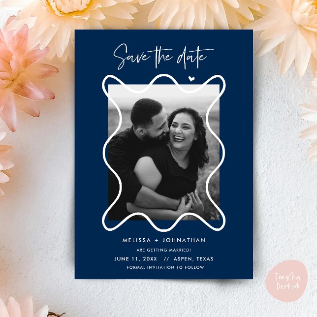 Happy Couple Save the Date Hochzeitsankündigung (Happy Couple Save the date wedding announcement whimsical in navy blue)