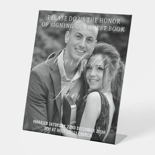 Happy Couple Wedding Guest Book Tabletop Unterzeic Sockelschild (Vorderseite)