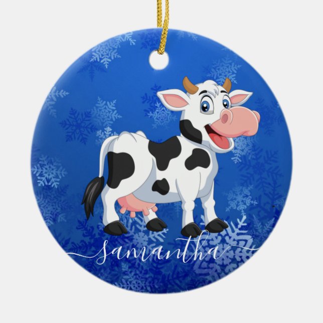 Happy Cow Blue  Ceramic Ornament (Vorne)