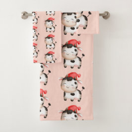 Happy Cow in einem Niedlichen Red Hat Badhandtuch Set