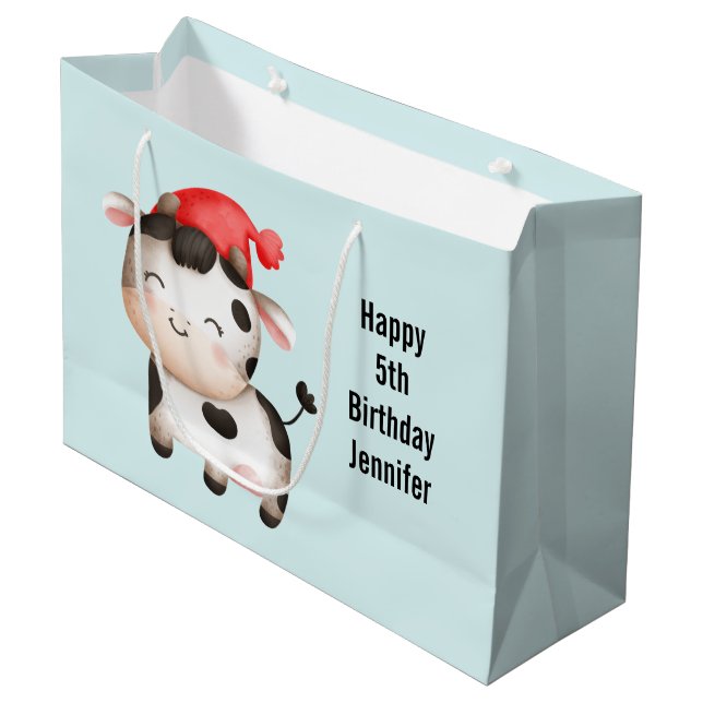 Happy Cow in einem Niedlichen Red Hat Große Geschenktüte (Vorderseite Schrägansicht)