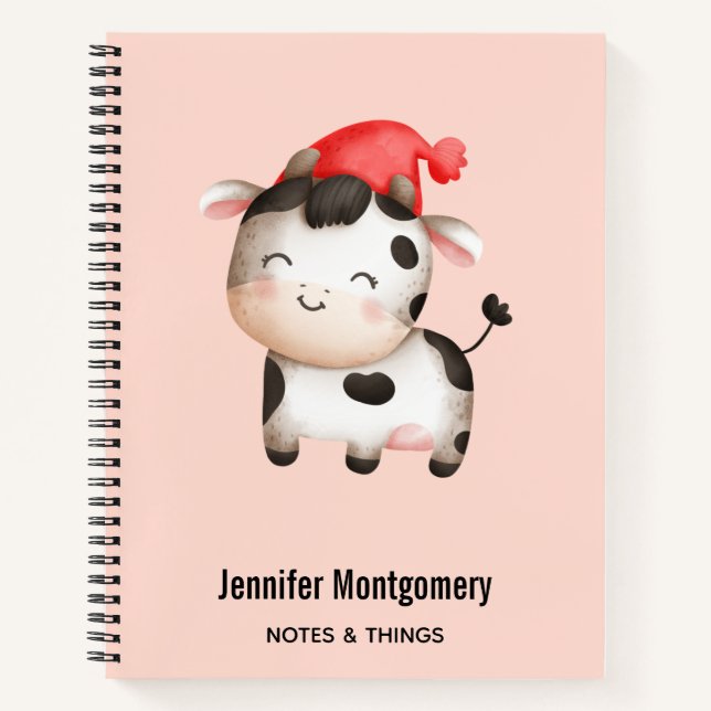 Happy Cow in einem Niedlichen Red Hat Notizbuch (Vorderseite)