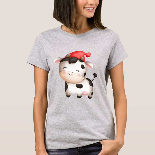 Happy Cow in einem Niedlichen Red Hat T-Shirt (Vorderseite)