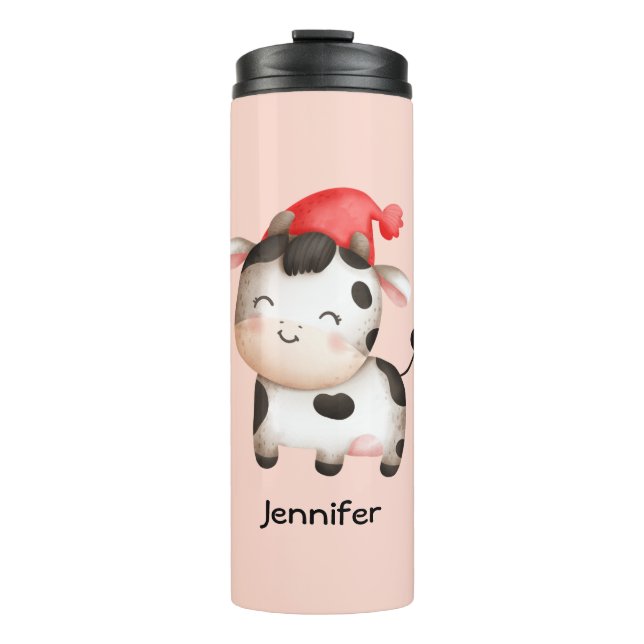 Happy Cow in einem Niedlichen Red Hat Thermosbecher (Vorderseite)