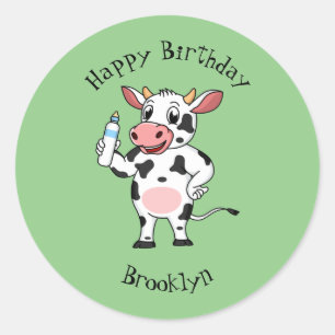 Happy Cow mit Babyflasche Cartoon Runder Aufkleber