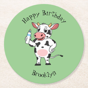Happy Cow mit Babyflasche Cartoon Runder Pappuntersetzer