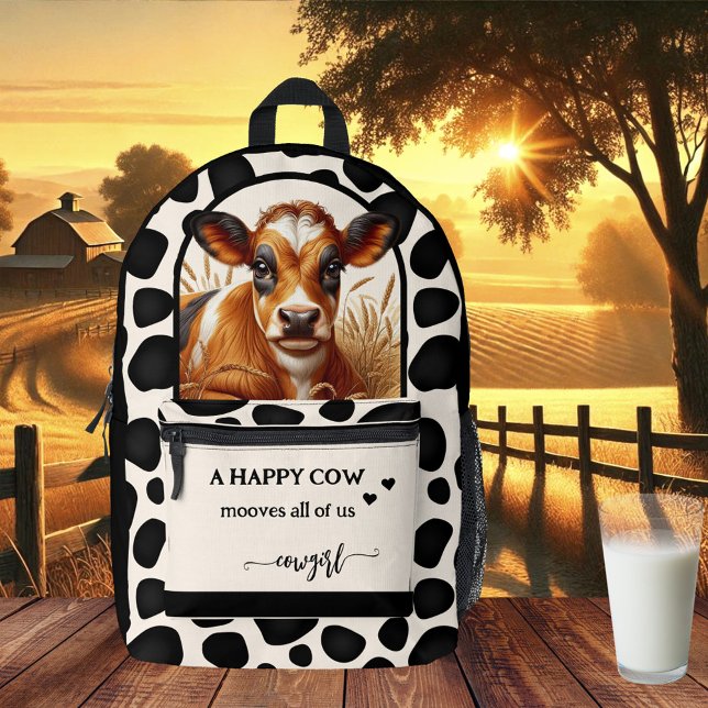 Happy Cow Quote Cowgirl Bedruckter Rucksack (Backpack featuring a painting of a cute cow with your custom quote on a black and ivory pattern)