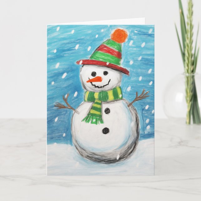 Happy Crayon Snowman Weihnachtskarte Karte (Vorderseite)