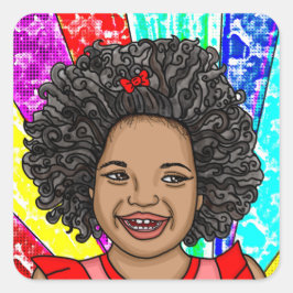 Happy Curls | Adorable Lächelmädel Quadratischer Aufkleber