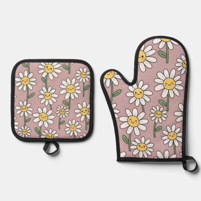 Happy Daisies Pattern - Cute Floral Design Ofenhandschuh & Topflappen-Set (Vorderseite)