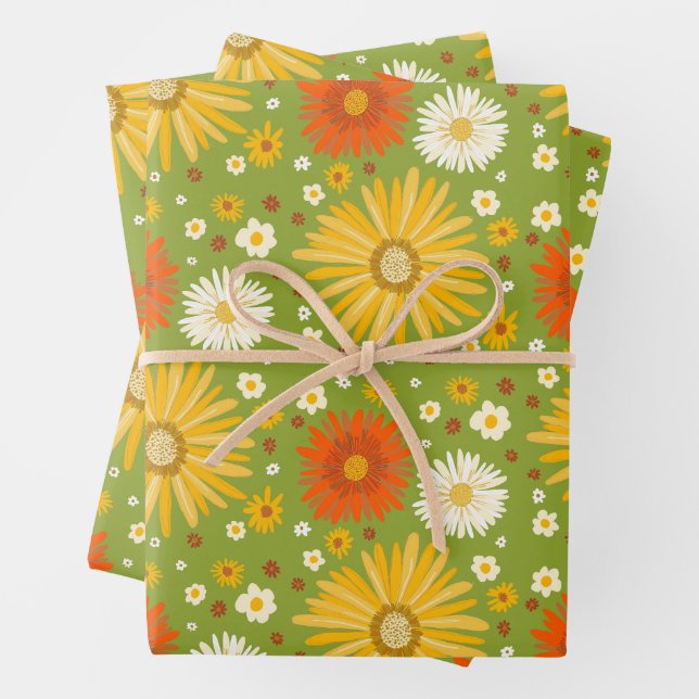 Happy Daisies Retro 70er farbiges Muster Geschenkpapier Set (Beispiel)