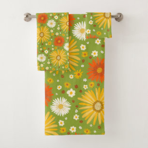 Happy Daisy Colorful Pattern Daisies Green Badhandtuch Set