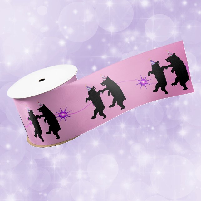 Happy Dancing Black Bars in Partys Hats Sterne Ros Satinband (Pair of happy dancing black bears in party hats pink purple stars on pink gift or craft ribbon.)