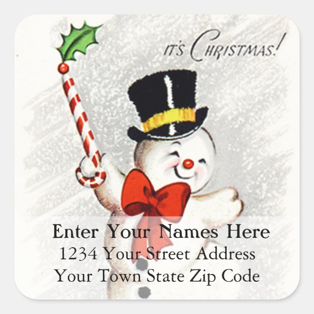 Happy Dancing Christmas Snowman Address Label Quadratischer Aufkleber (Vorderseite)