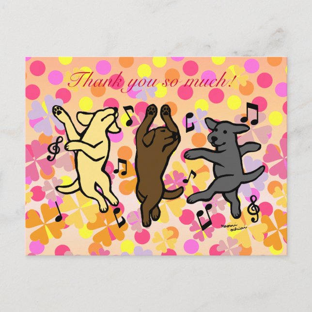 Happy Dancing Labrador Trio Cartoon Floral Postkarte (Vorderseite)