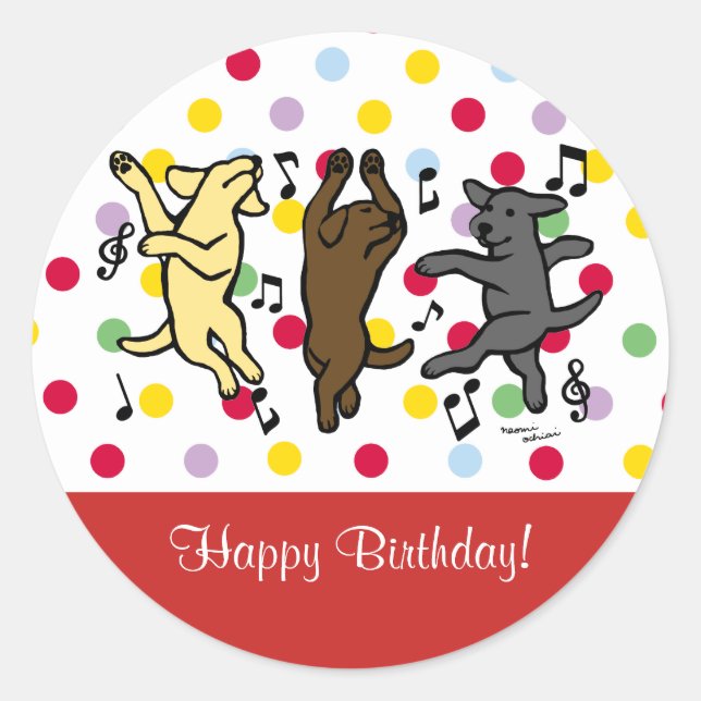 Happy Dancing Labrador Trio Happy Birthday Runder Aufkleber (Vorderseite)