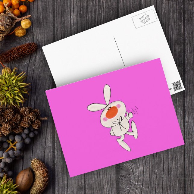 Happy Dancing Niedliches Weißes Kaninchen Postkarte (Cute white bunny orange nose thumbs up sign on vibrant pink postcard.)