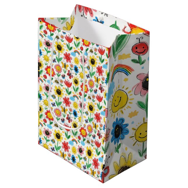 Happy Days - Fröhliche Blume und Freundschaftsmust Mittlere Geschenktüte (Vorderseite Schrägansicht)