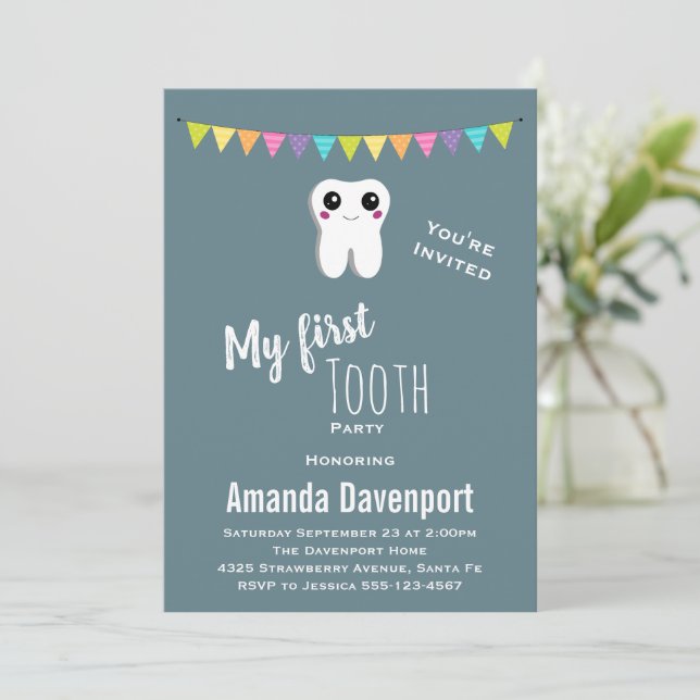 Happy Dental Tooth Mein erster Stand Einladung (Stehend Vorderseite)