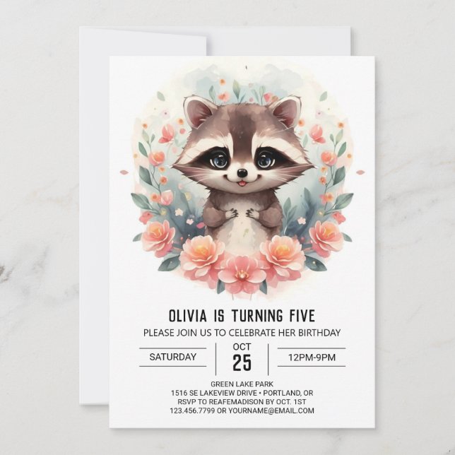 Happy Digital Raccoon Girl Geburtstag Einladung (Vorderseite)